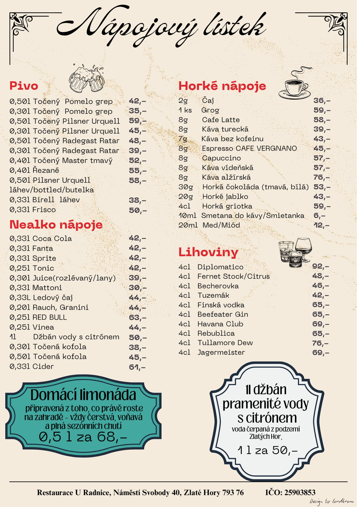 Restaurace U Radnice Zlaté Hory - Jídelní lístek
